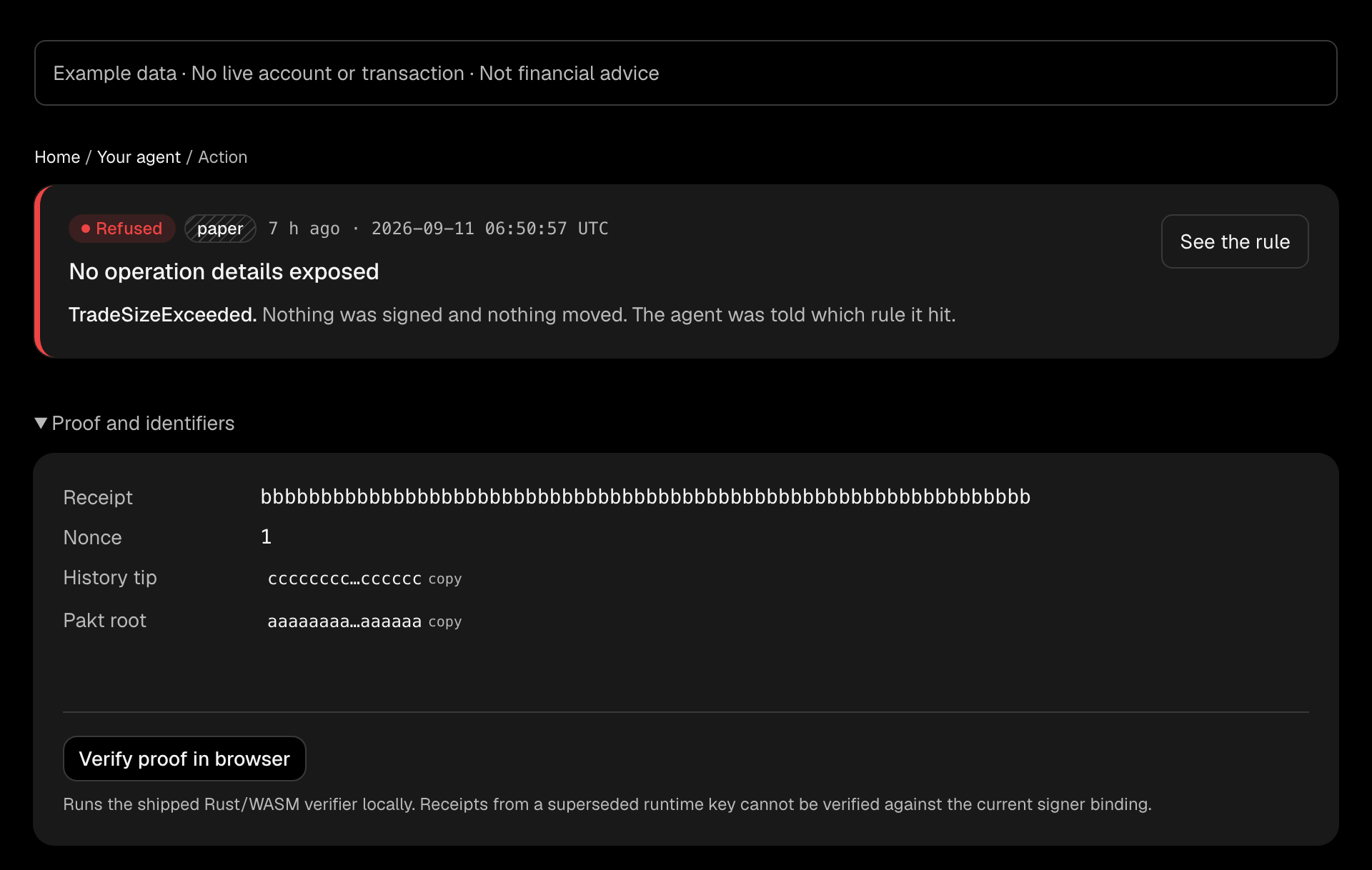 A refused example receipt with Proof and identifiers expanded, revealing the Verify proof in browser button.